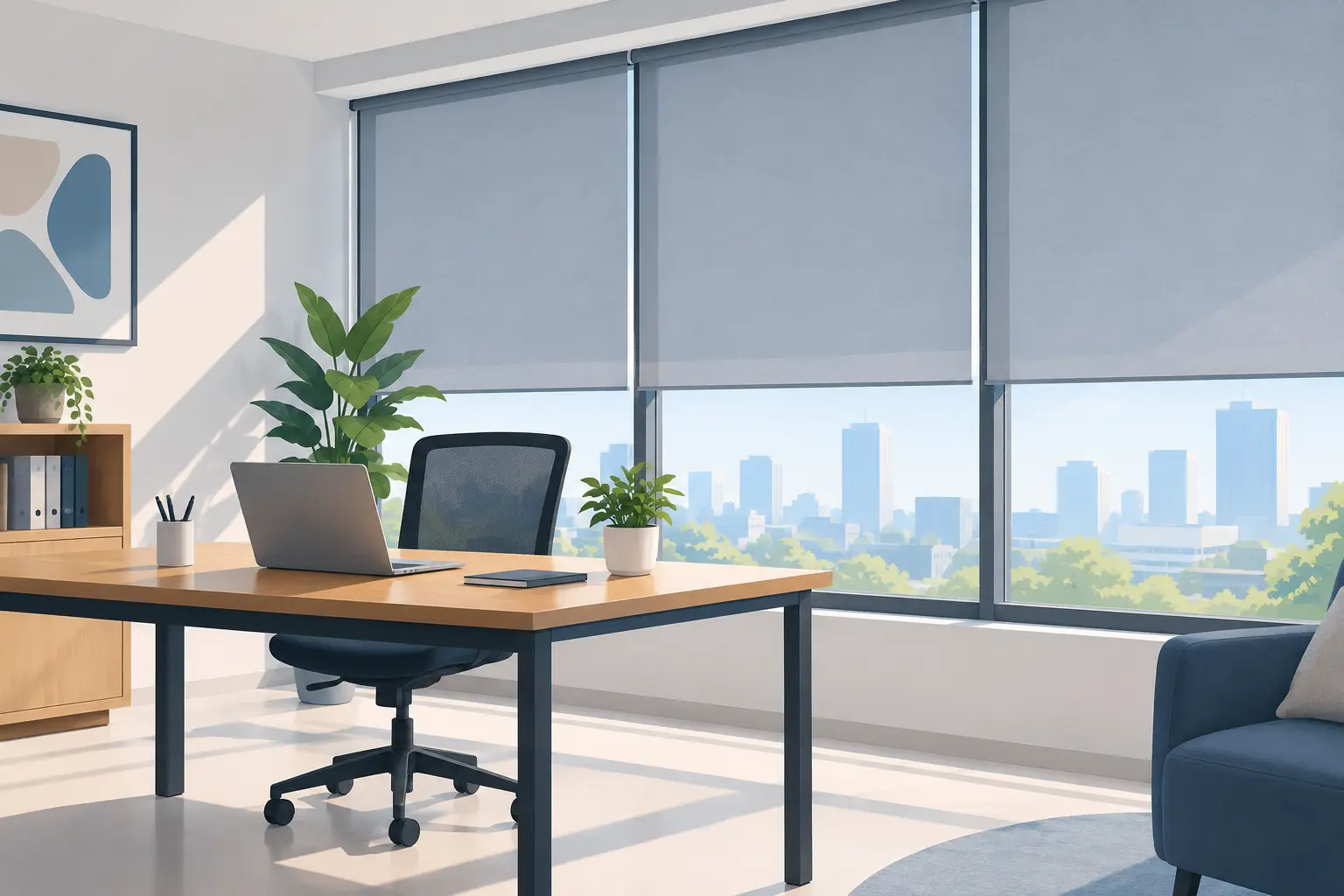 Oficina con cortinas técnicas para trabajar mejor
